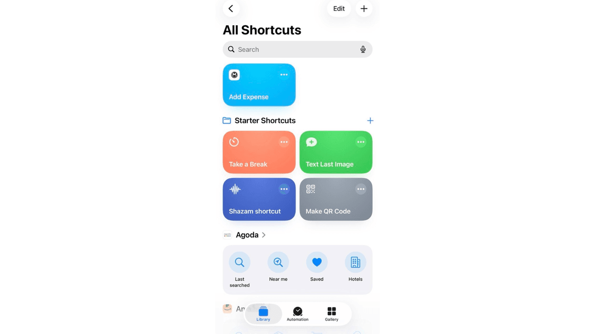 Shortcuts app showing Add Expense shortcut under moneeAI