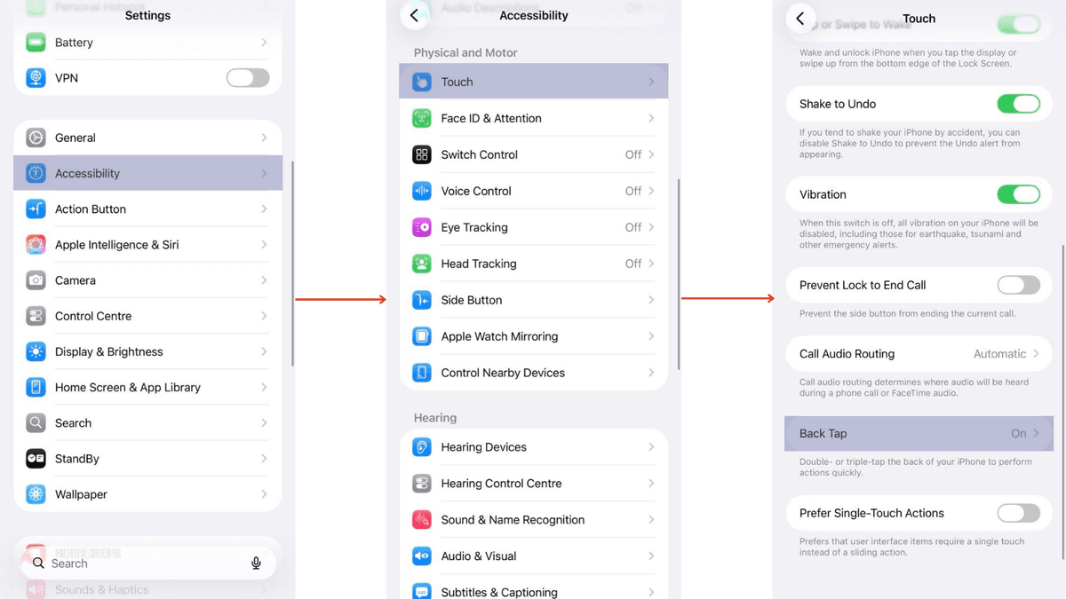 iPhone Settings showing Accessibility › Touch › Back Tap path
