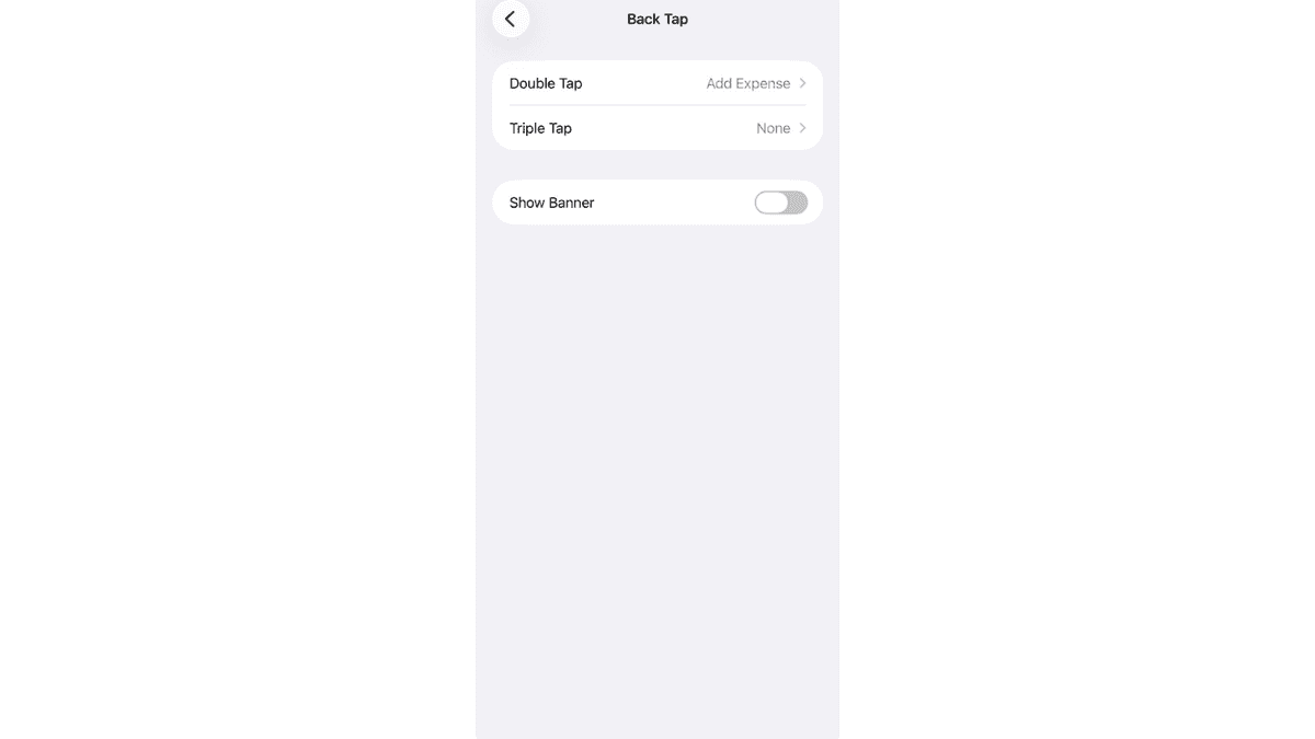 Back Tap action list with Add Expense selected under Shortcuts