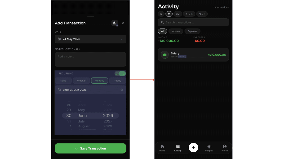 Add transaction screen showing the Recurring toggle