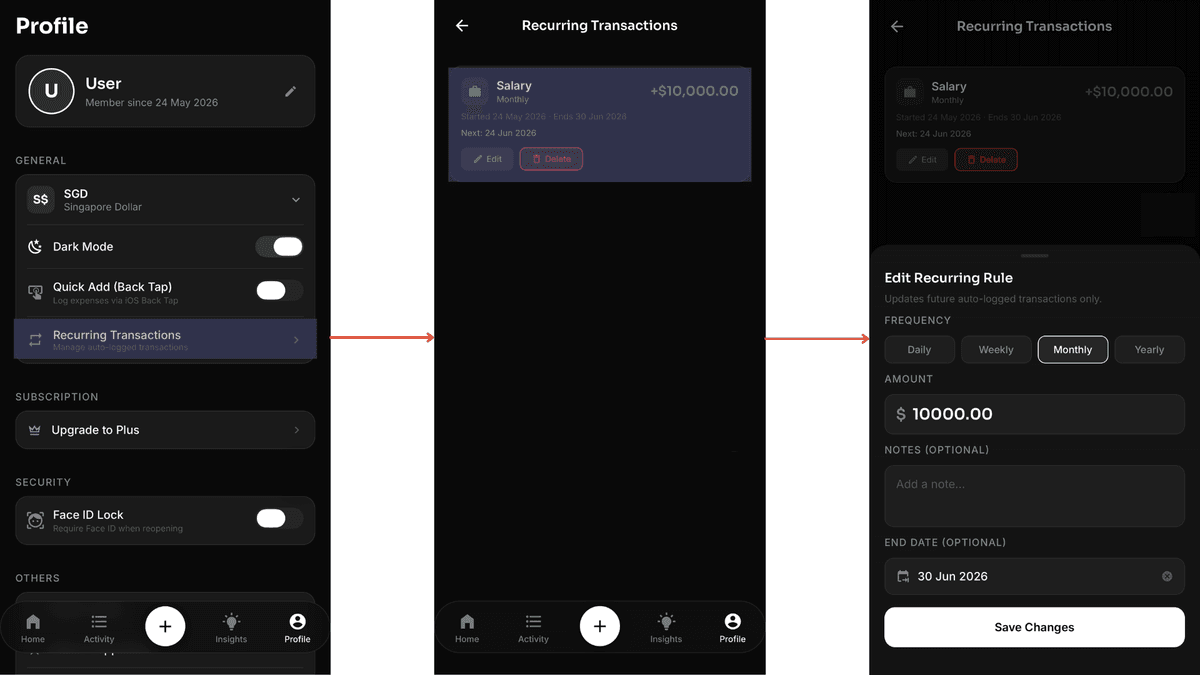 Profile page showing the Recurring Transactions management list