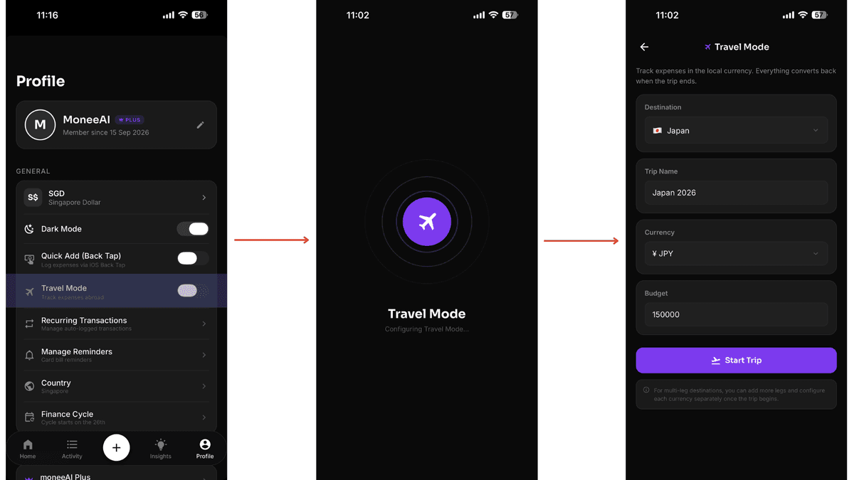 Profile page with Travel Mode toggle and Configure Page setup screen