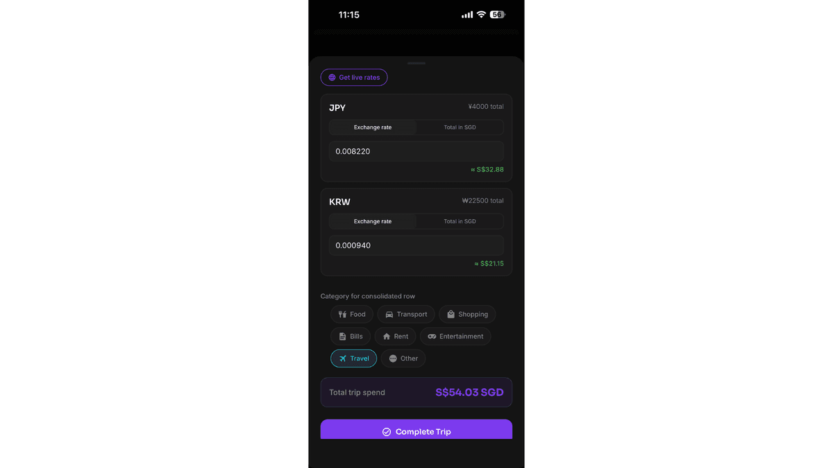 End Trip screen with live exchange rates, manual override option, and category picker