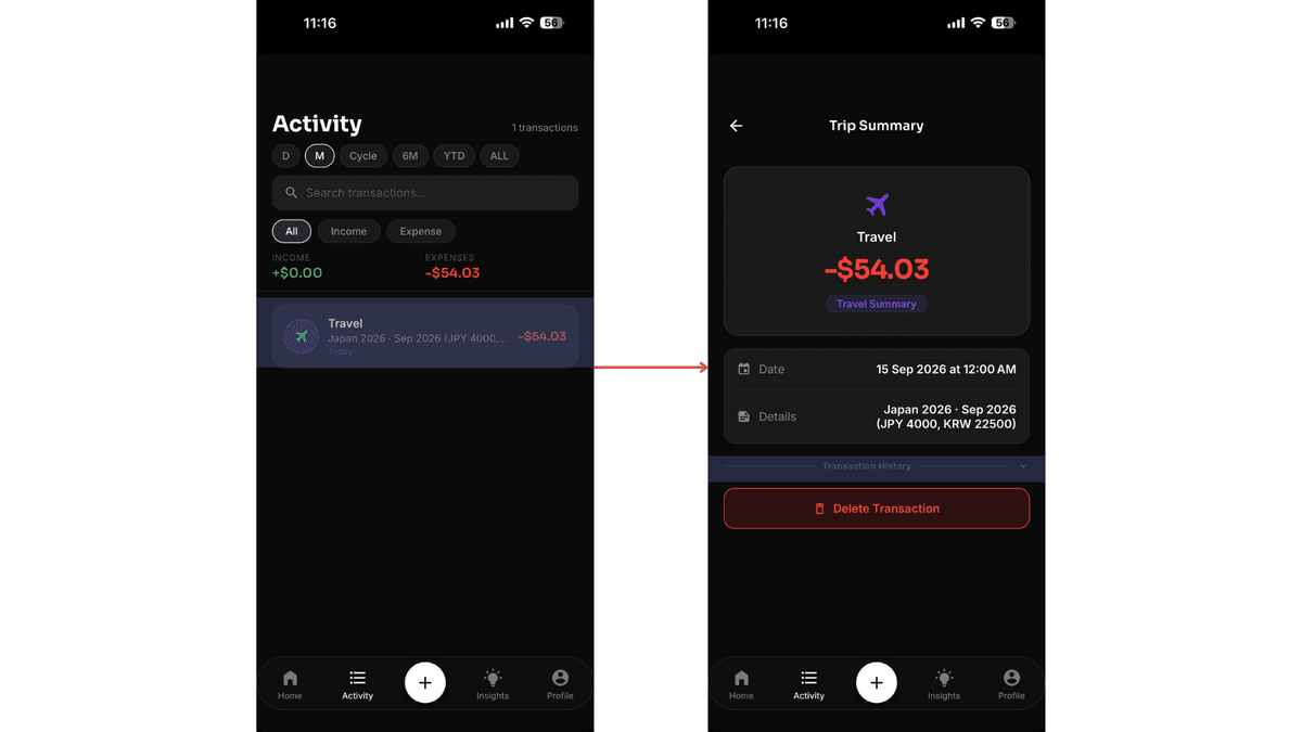 Activity Page showing consolidated trip row expanded to reveal full transaction summary by leg