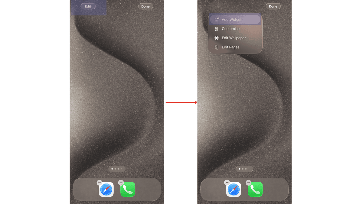 iPhone home screen in jiggle mode showing the Edit menu with Add Widget option