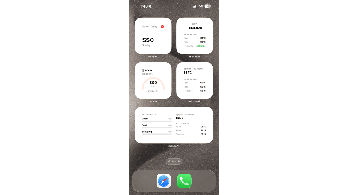 moneeAI widget placed on the iPhone home screen